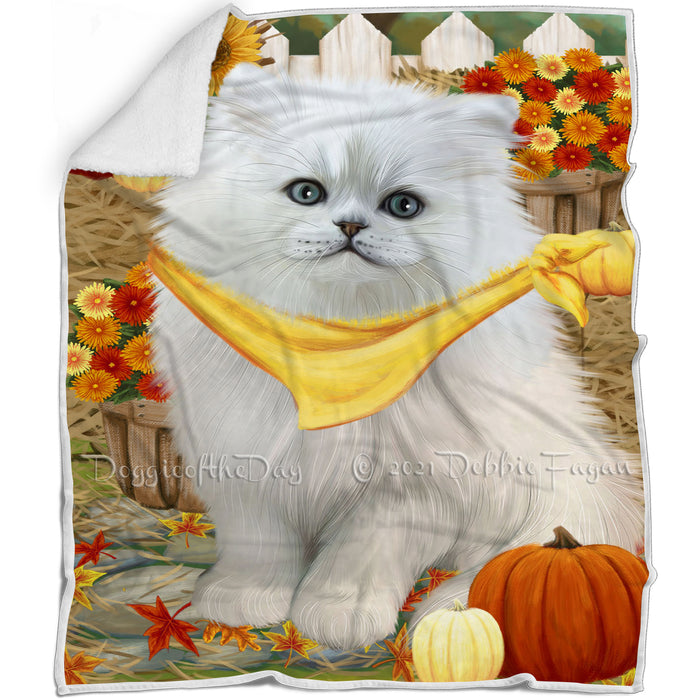 Fall Autumn Greeting Persian Cat with Pumpkins Blanket BLNKT73470