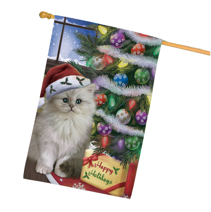 Christmas Tree with Presents Persian Cat House Flag Outdoor Decorative Double Sided Pet Portrait Weather Resistant Premium Quality Animal Printed Home Decorative Flags 100% Polyester