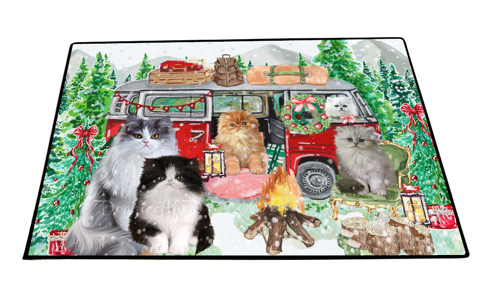 Christmas Time Camping with Persian Cats Floor Mat- Anti-Slip Pet Door Mat Indoor Outdoor Front Rug Mats for Home Outside Entrance Pets Portrait Unique Rug Washable Premium Quality Mat