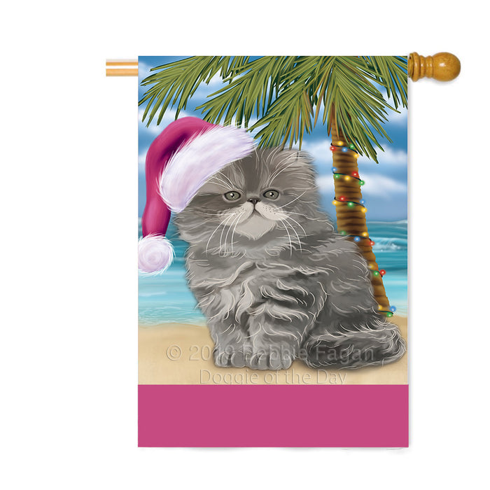 Personalized Summertime Happy Holidays Christmas Persian Cat on Tropical Island Beach Custom House Flag FLG-DOTD-A60558