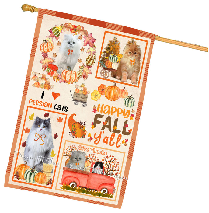 Happy Fall Y'all Pumpkin Persian Cats House Flag Outdoor Decorative Double Sided Pet Portrait Weather Resistant Premium Quality Animal Printed Home Decorative Flags 100% Polyester