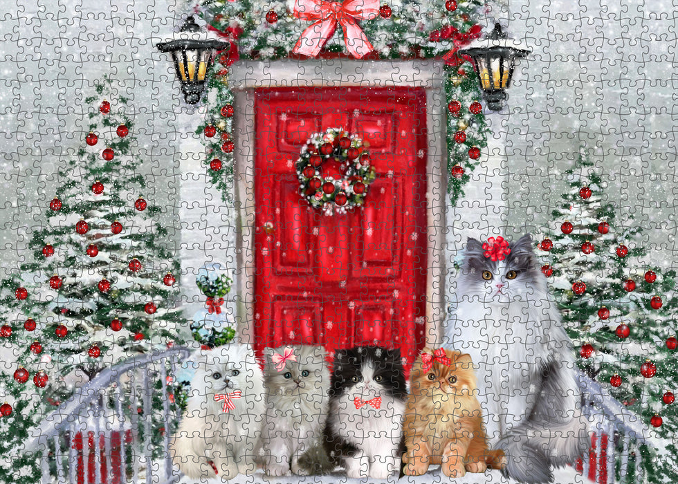Christmas Holiday Welcome Persian Cats Portrait Jigsaw Puzzle for Adults Animal Interlocking Puzzle Game Unique Gift for Dog Lover's with Metal Tin Box