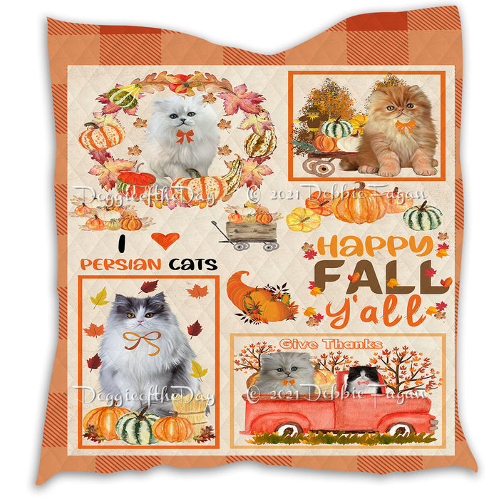 Happy Fall Y'all Pumpkin Persian Cats Quilt Bed Coverlet Bedspread - Pets Comforter Unique One-side Animal Printing - Soft Lightweight Durable Washable Polyester Quilt