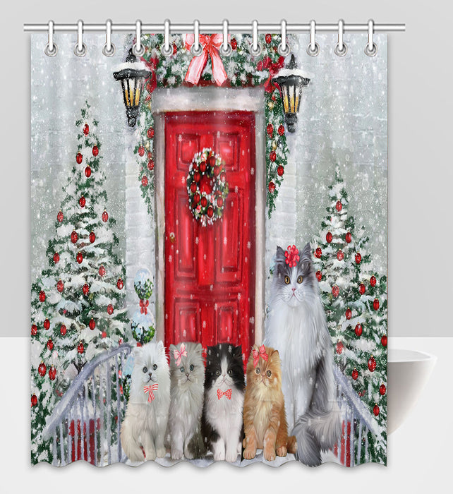 Christmas Holiday Welcome Persian Cats Shower Curtain Pet Painting Bathtub Curtain Waterproof Polyester One-Side Printing Decor Bath Tub Curtain for Bathroom with Hooks