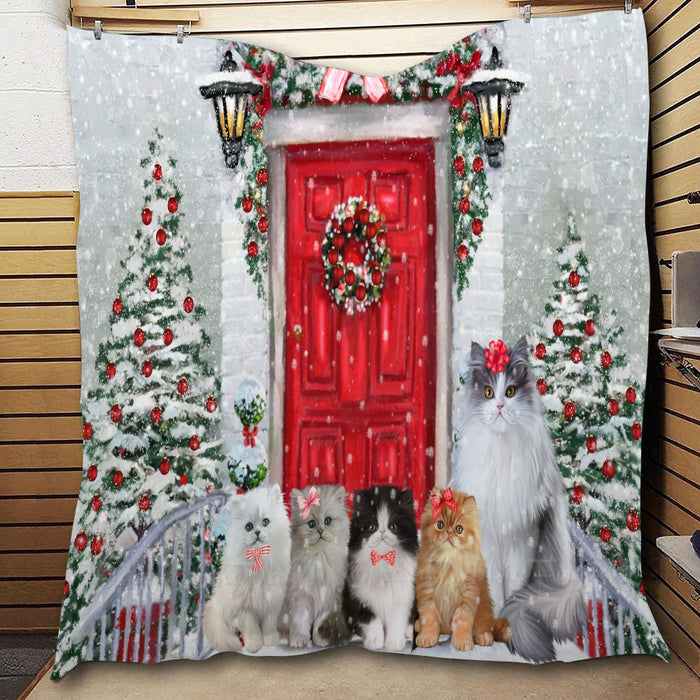 Christmas Holiday Welcome Persian Cats  Quilt Bed Coverlet Bedspread - Pets Comforter Unique One-side Animal Printing - Soft Lightweight Durable Washable Polyester Quilt