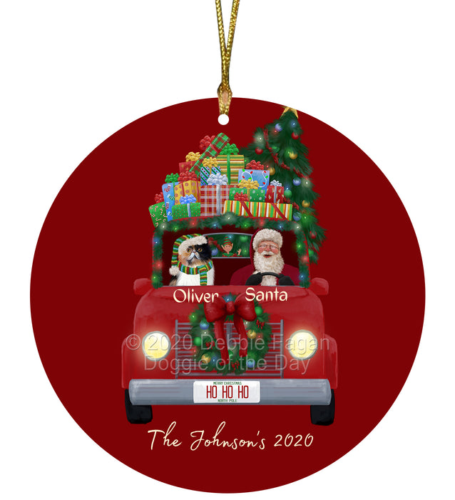 Personalized Christmas Honk Honk Red Truck Here Comes with Santa and Persian Cat Round Flat Ornament PRBPOR59097