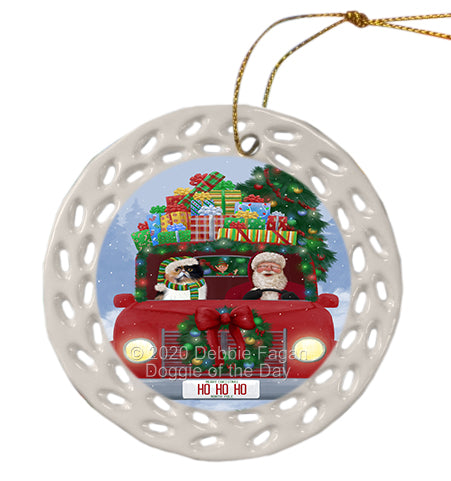 Christmas Honk Honk Red Truck with Santa and Persian Cat Doily Ornament DPOR59368