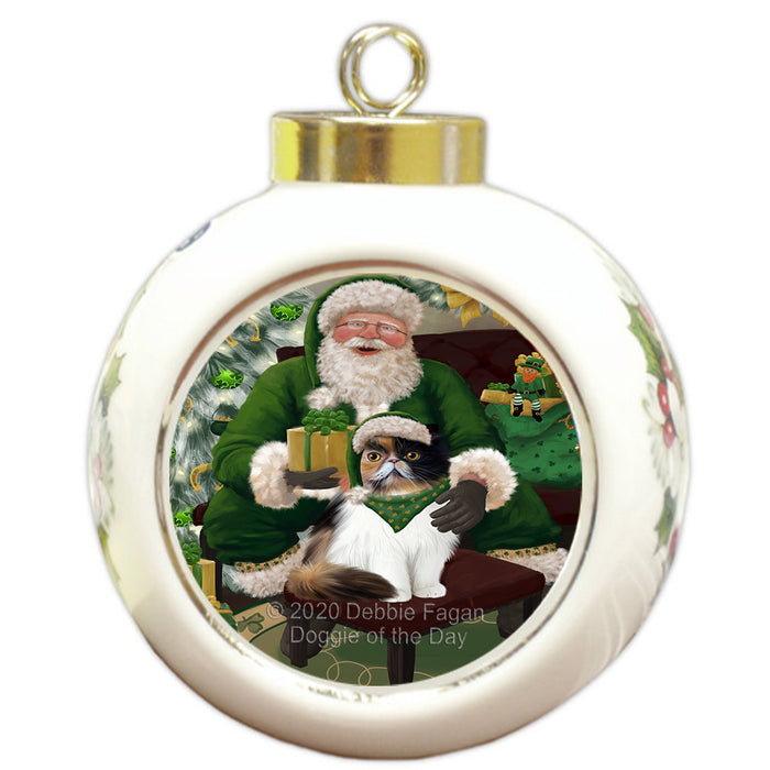 Christmas Irish Santa with Gift and Persian Cat Round Ball Christmas Ornament RBPOR57946