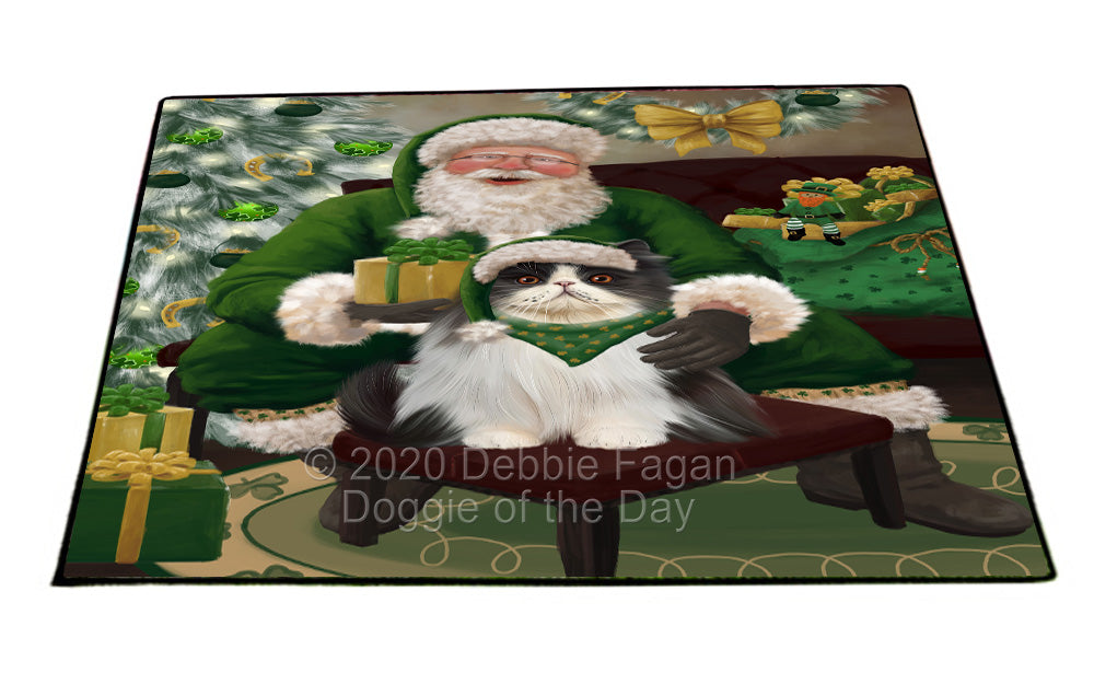 Christmas Irish Santa with Gift and Persian Cat Indoor/Outdoor Welcome Floormat - Premium Quality Washable Anti-Slip Doormat Rug FLMS57214