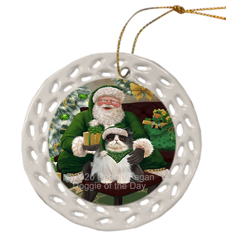 Christmas Irish Santa with Gift and Persian Cat Doily Ornament DPOR59509