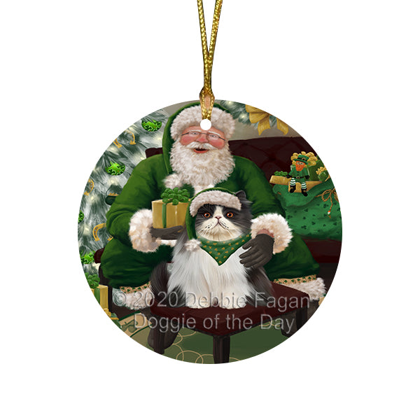 Christmas Irish Santa with Gift and Oriental Blue-Point Siamese Cat Round Flat Christmas Ornament RFPOR57945
