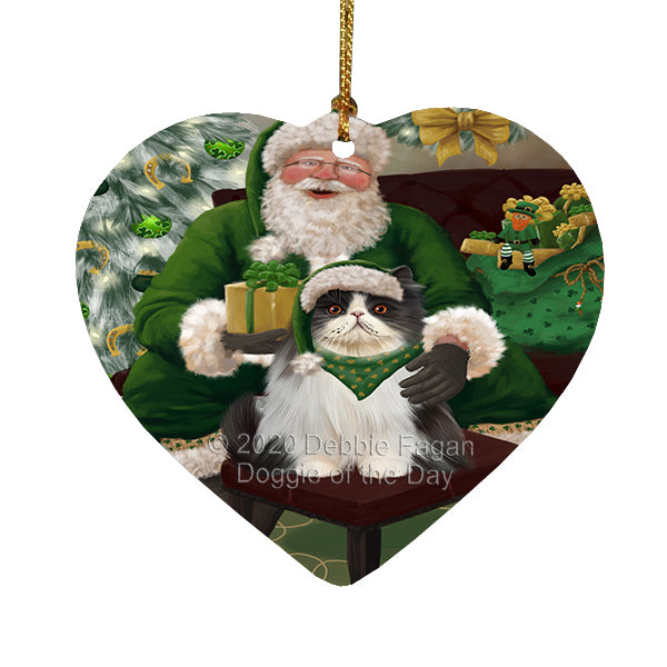 Christmas Irish Santa with Gift and Persian Cat Heart Christmas Ornament RFPOR58289