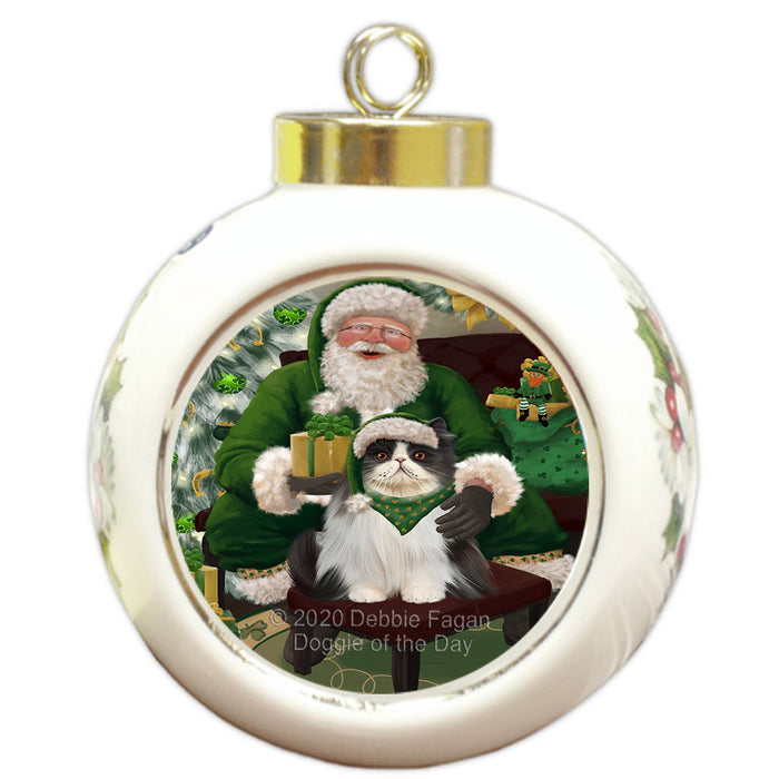 Christmas Irish Santa with Gift and Persian Cat Round Ball Christmas Ornament RBPOR57947