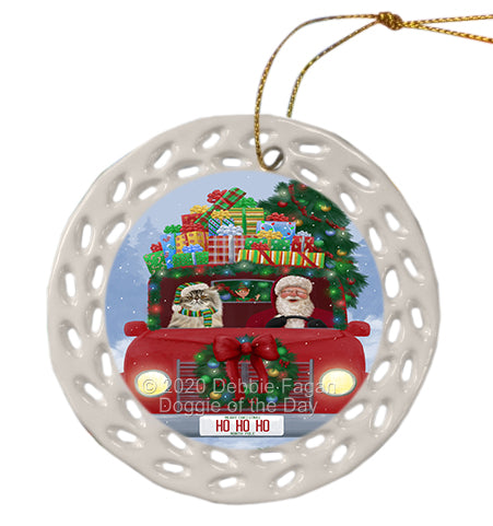 Christmas Honk Honk Red Truck with Santa and Persian Cat Doily Ornament DPOR59370