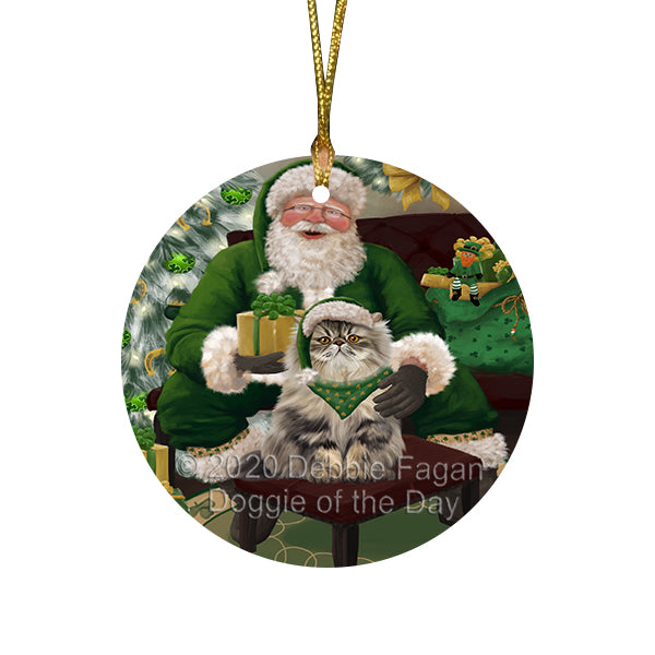 Christmas Irish Santa with Gift and Persian Cat Round Flat Christmas Ornament RFPOR57946