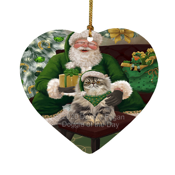 Christmas Irish Santa with Gift and Persian Cat Heart Christmas Ornament RFPOR58290