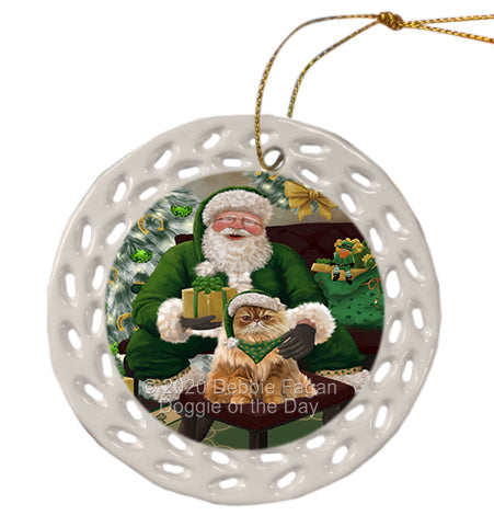 Christmas Irish Santa with Gift and Persian Cat Doily Ornament DPOR59511