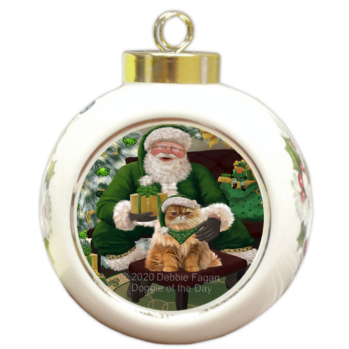 Christmas Irish Santa with Gift and Persian Cat Round Ball Christmas Ornament RBPOR57949