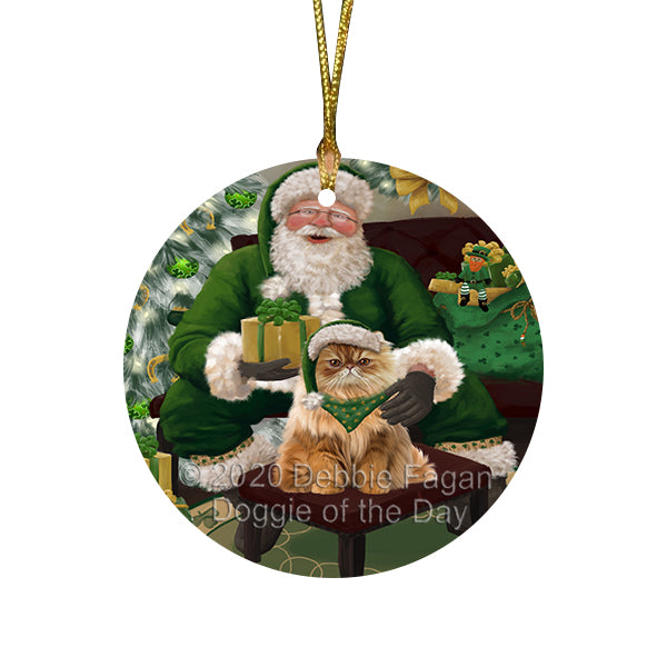 Christmas Irish Santa with Gift and Persian Cat Round Flat Christmas Ornament RFPOR57947