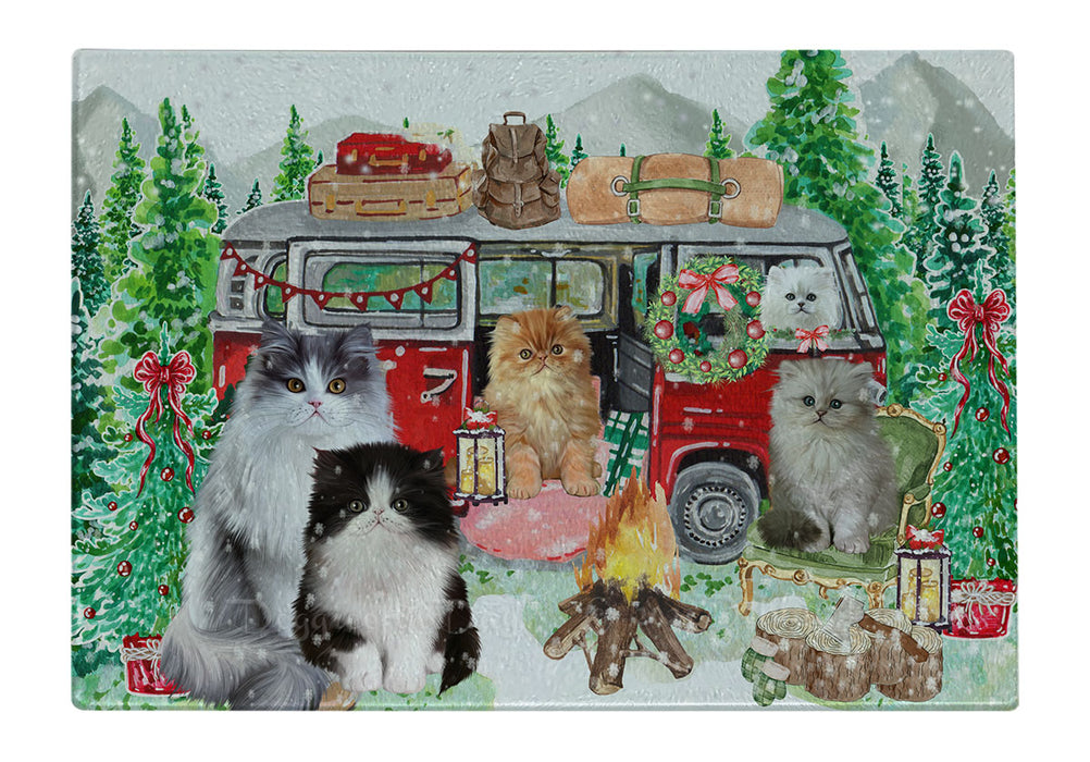 Christmas Time Camping with Persian Cats Cutting Board - For Kitchen - Scratch & Stain Resistant - Designed To Stay In Place - Easy To Clean By Hand - Perfect for Chopping Meats, Vegetables