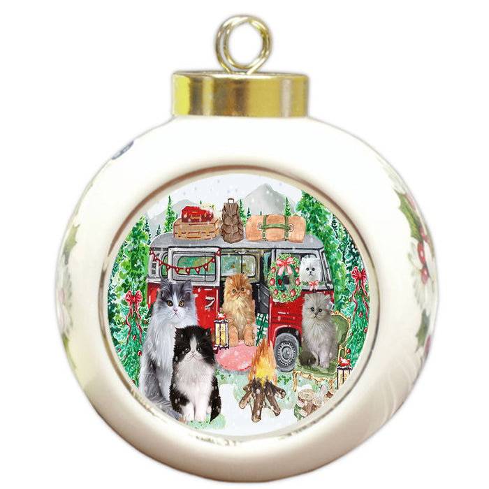 Christmas Time Camping with Persian Cats Round Ball Christmas Ornament Pet Decorative Hanging Ornaments for Christmas X-mas Tree Decorations - 3" Round Ceramic Ornament