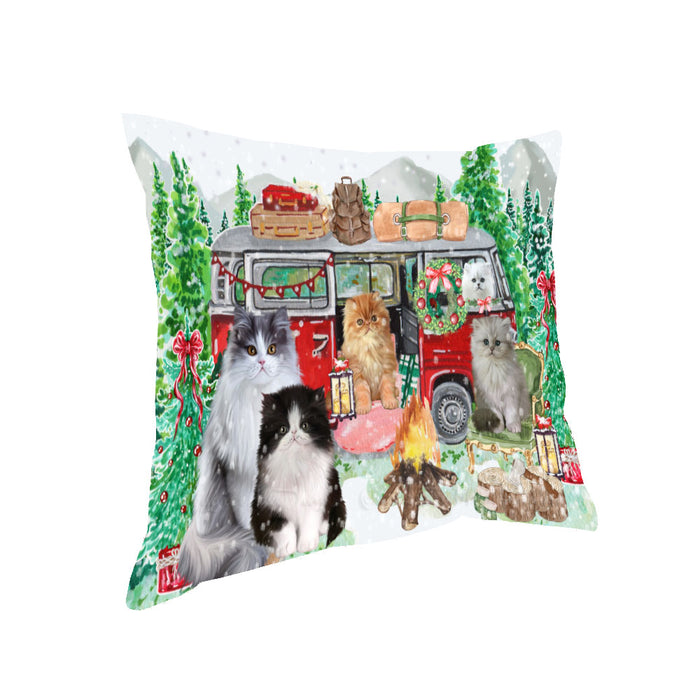 Christmas Time Camping with Persian Cats Pillow with Top Quality High-Resolution Images - Ultra Soft Pet Pillows for Sleeping - Reversible & Comfort - Ideal Gift for Dog Lover - Cushion for Sofa Couch Bed - 100% Polyester