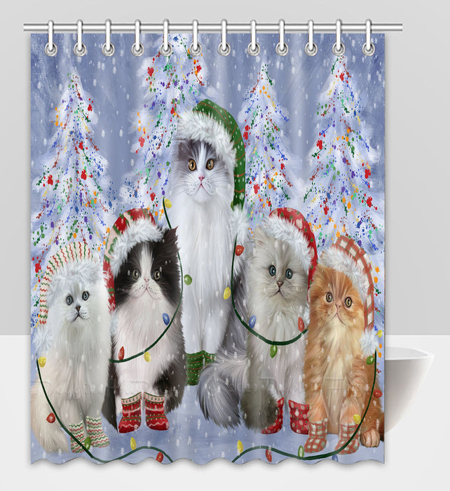Christmas Lights and Persian Cats Shower Curtain Pet Painting Bathtub Curtain Waterproof Polyester One-Side Printing Decor Bath Tub Curtain for Bathroom with Hooks
