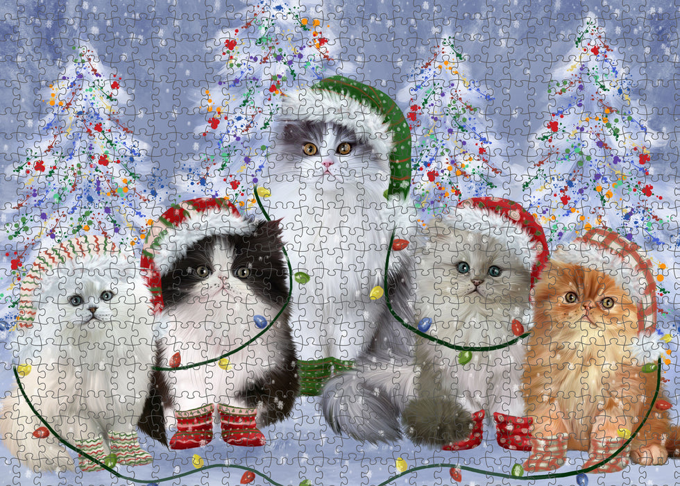 Christmas Lights and Persian Cats Portrait Jigsaw Puzzle for Adults Animal Interlocking Puzzle Game Unique Gift for Dog Lover's with Metal Tin Box