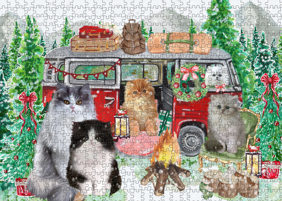 Christmas Time Camping with Persian Cats Portrait Jigsaw Puzzle for Adults Animal Interlocking Puzzle Game Unique Gift for Dog Lover's with Metal Tin Box