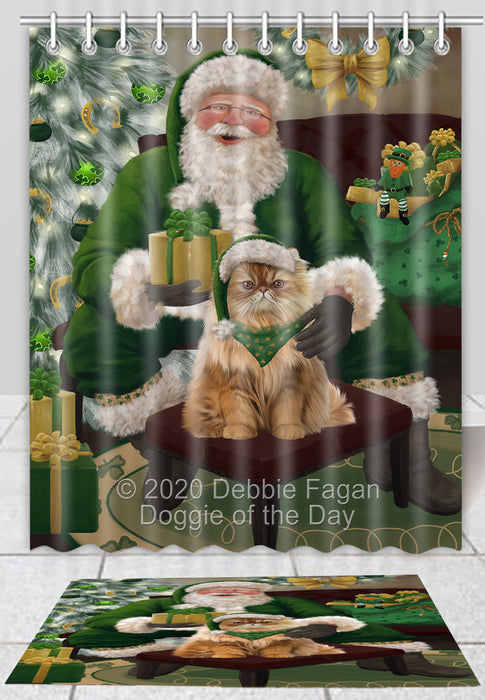Christmas Irish Santa with Gift Persian Cat Bath Mat and Shower Curtain Combo
