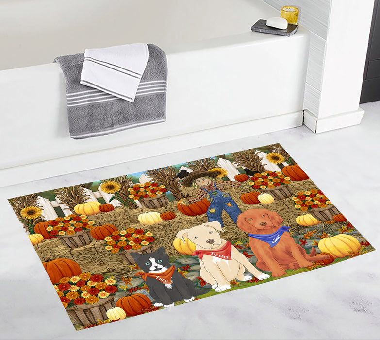 Custom Personalized Cartoonish Pet Photo and Name on Bath Mat in Fall Festival Gathering Background