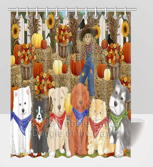 Custom Personalized Cartoonish Pet Photo and Name on Shower Curtain in Fall Festival Gathering Background
