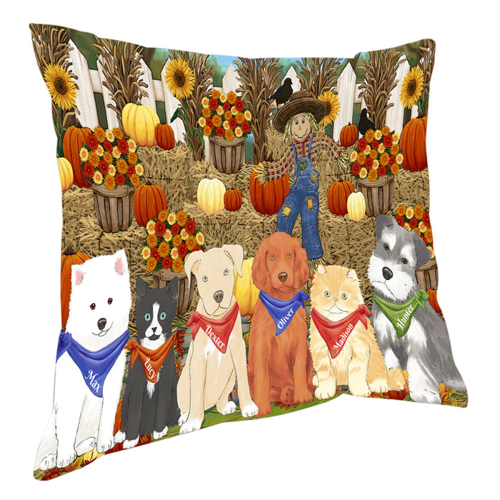 Custom Personalized Cartoonish Pet Photo and Name on Pillow in Fall Festival Gathering Background