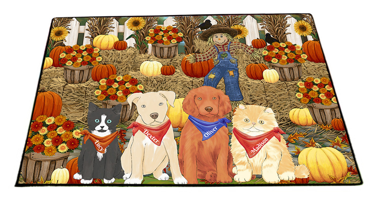 Custom Personalized Cartoonish Pet Photo and Name on Floormat in Fall Festival Gathering Background