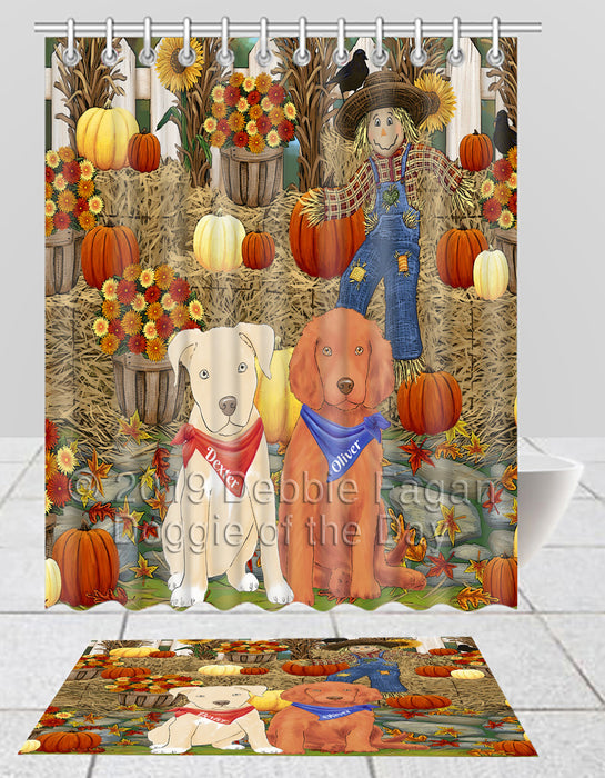 Custom Personalized Cartoonish Pet Photo and Name on Shower Curtain & Bath Mat Combo in Fall Festival Gathering Background