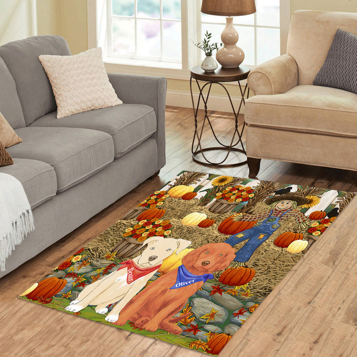 Custom Personalized Cartoonish Pet Photo and Name on Area Rug in Fall Festival Gathering Background