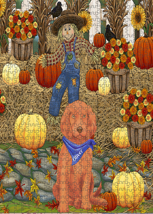 Custom Personalized Cartoonish Pet Photo and Name on Puzzle with Photo Tin in Fall Festival Gathering Background