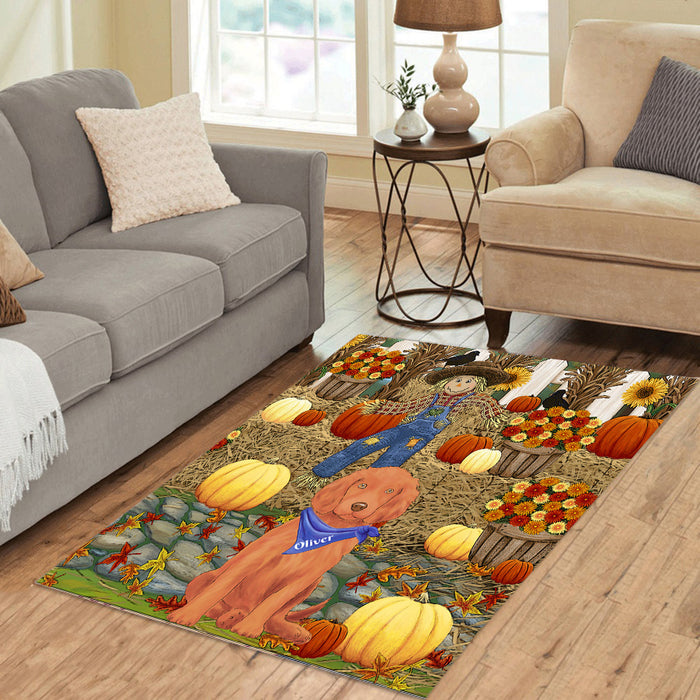 Custom Personalized Cartoonish Pet Photo and Name on Area Rug in Fall Festival Gathering Background