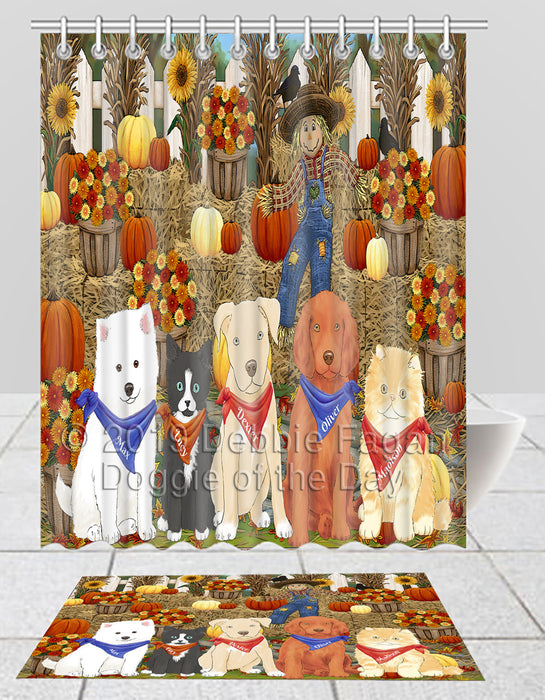 Custom Personalized Cartoonish Pet Photo and Name on Shower Curtain & Bath Mat Combo in Fall Festival Gathering Background
