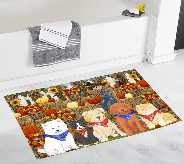 Custom Personalized Cartoonish Pet Photo and Name on Bath Mat in Fall Festival Gathering Background