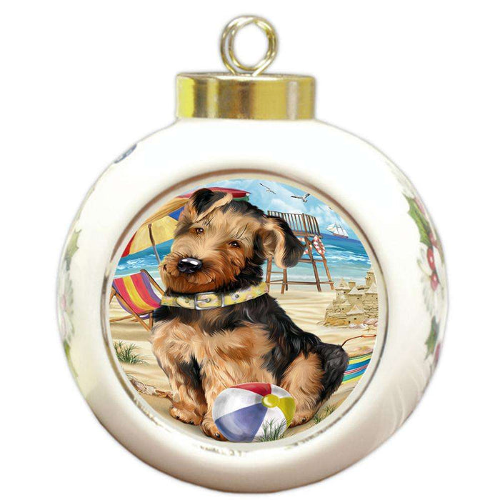 Pet Friendly Beach Airedale Terrier Dog Round Ball Christmas Ornament RBPOR48599
