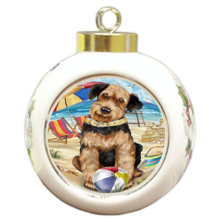 Pet Friendly Beach Airedale Terrier Dog Round Ball Christmas Ornament RBPOR48601