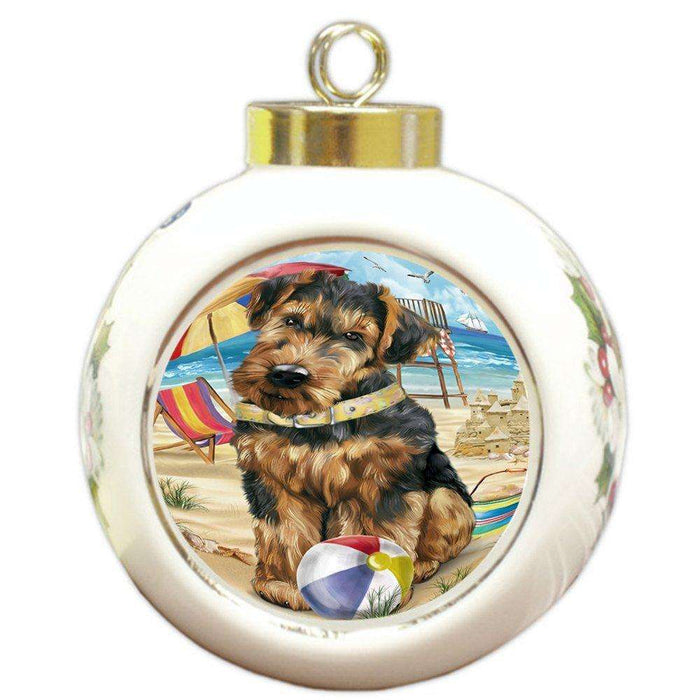 Pet Friendly Beach Airedale Terrier Dog Round Ball Christmas Ornament RBPOR48602