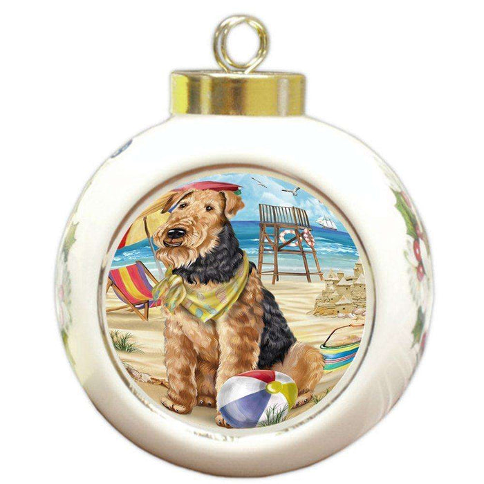 Pet Friendly Beach Airedale Terrier Dog Round Ball Christmas Ornament RBPOR48603