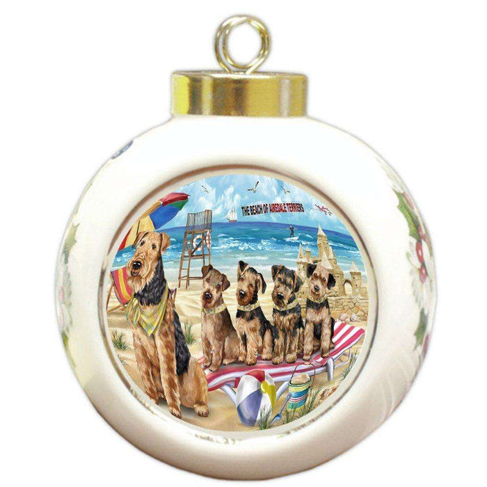 Pet Friendly Beach Airedale Terriers Dog Round Ball Christmas Ornament RBPOR48598