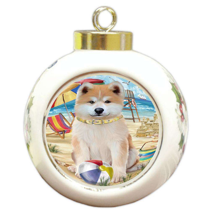 Pet Friendly Beach Akita Dog Round Ball Christmas Ornament RBPOR49945