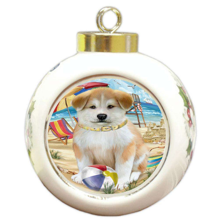Pet Friendly Beach Akita Dog Round Ball Christmas Ornament RBPOR49946