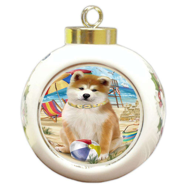 Pet Friendly Beach Akita Dog Round Ball Christmas Ornament RBPOR49947