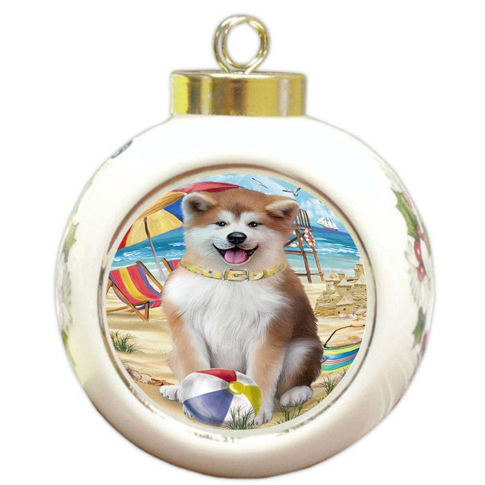 Pet Friendly Beach Akita Dog Round Ball Christmas Ornament RBPOR49948