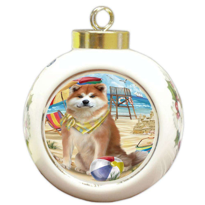 Pet Friendly Beach Akita Dog Round Ball Christmas Ornament RBPOR49949